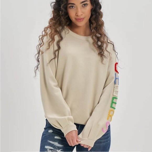 Aerie Pleated Sleeve Crewneck Cream Oversized Boxy Cheer Sweatshirt Size Large - Picture 1 of 10